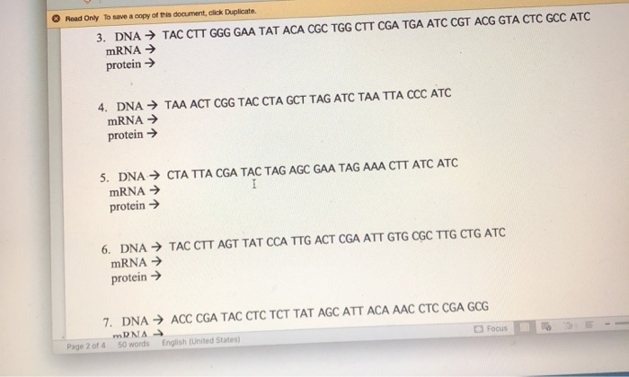 Read Only To save a copy of this document, click Duplicate. 3. DNA TAC CTT GGG GAA TAT ACA CGC TGG CTT CGA