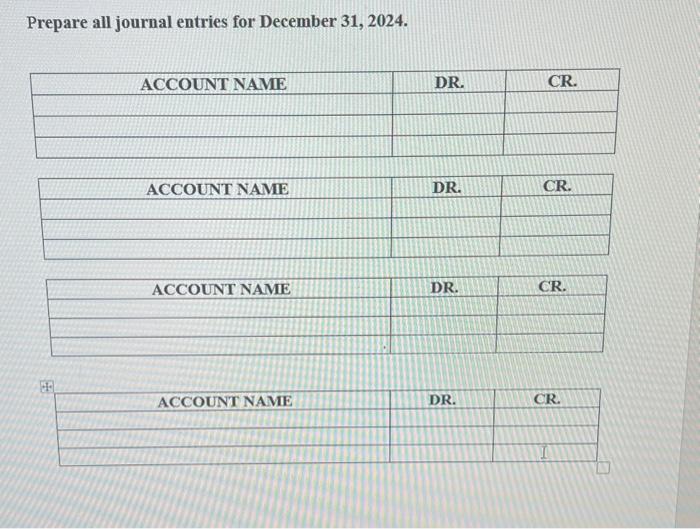 Prepare all journal entries for December 31, 2024. F ACCOUNT NAME ACCOUNT NAME ACCOUNT NAME ACCOUNT NAME DR.