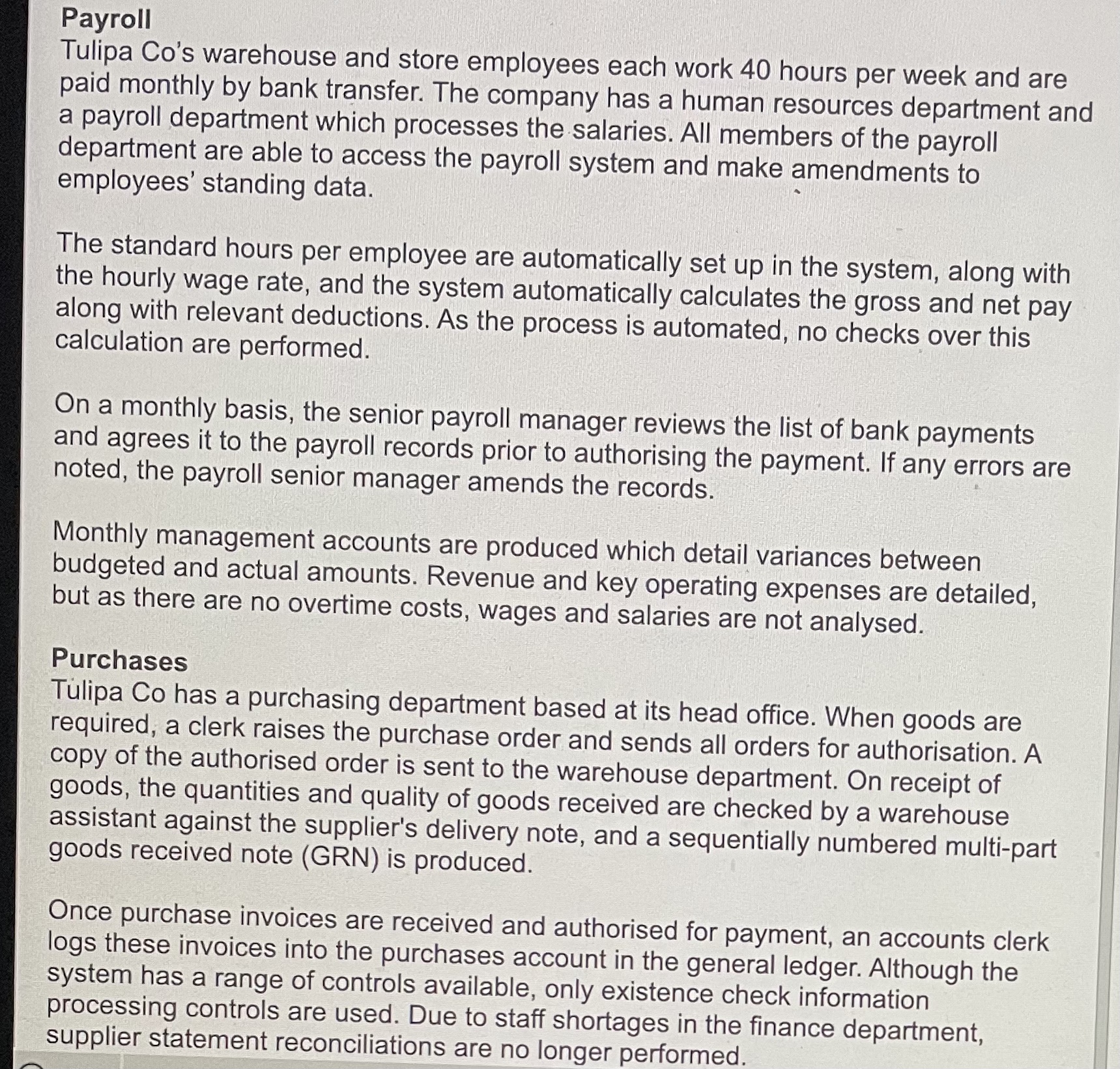 Payroll Tulipa Co's warehouse and store employees each work 40 hours per week and are paid monthly by bank