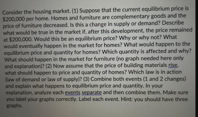 Consider the housing market. (1) Suppose that the current equilibrium price is $200,000 per home. Homes and