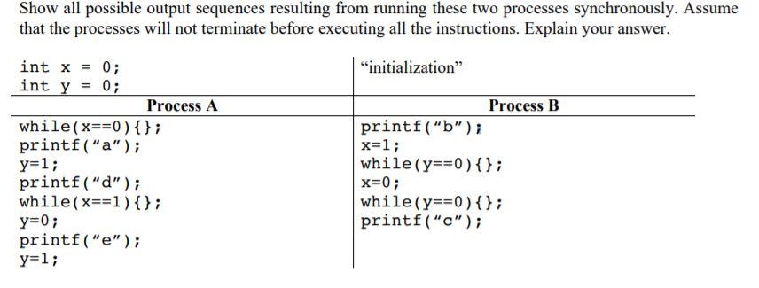 Show all possible output sequences resulting from running these two processes synchronously. Assume that the