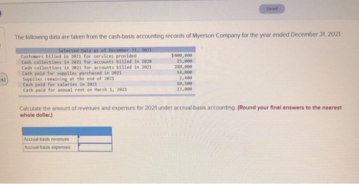 43 The following data are taken from the cash-basis accounting records of Myerson Company for the year ended