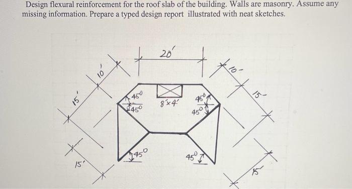 Design flexural reinforcement for the roof slab of the building. Walls are masonry. Assume any missing