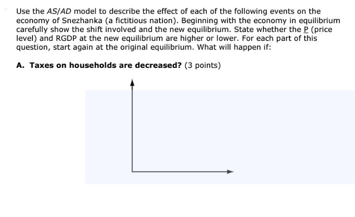Use the AS/AD model to describe the effect of each of the following events on the economy of Snezhanka (a