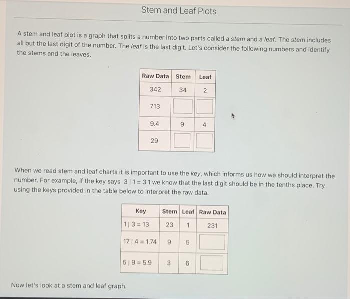Stem and Leaf Plots A stem and leaf plot is a graph that splits a number into two parts called a stem and a