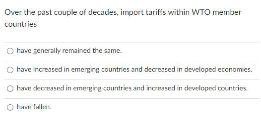 Over the past couple of decades, import tariffs within WTO member countries have generally remained the same.