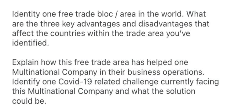 Identity one free trade bloc / area in the world. What are the three key advantages and disadvantages that
