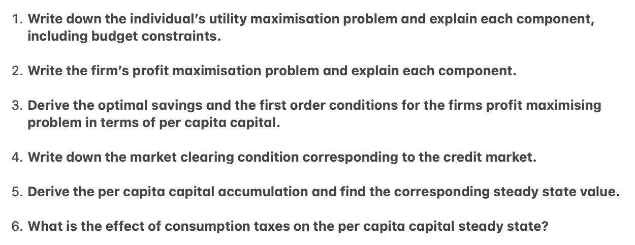 1. Write down the individual's utility maximisation problem and explain each component, including budget