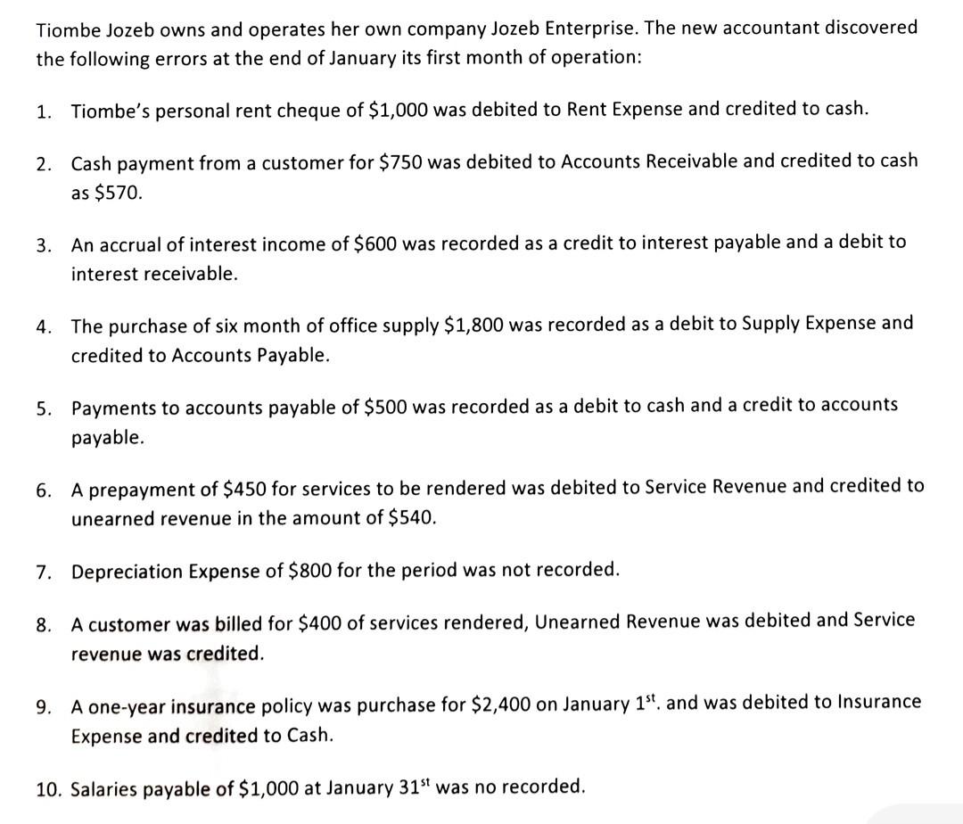 Tiombe Jozeb owns and operates her own company Jozeb Enterprise. The new accountant discovered the following