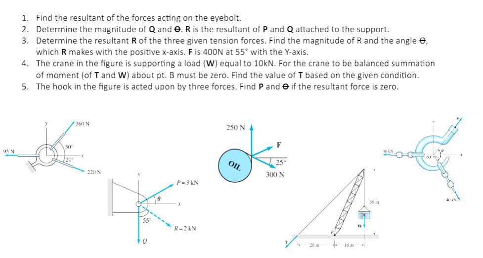 95 N 1. Find the resultant of the forces acting on the eyebolt. 2. Determine the magnitude of Q and O. R is
