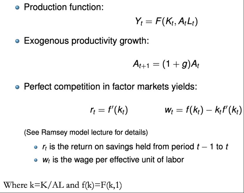Production function: Yt = F(Kt, At Lt)  Exogenous productivity growth: At+1 = (1 + g)At  Perfect competition