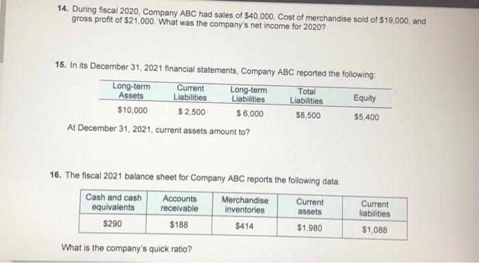 14. During fiscal 2020, Company ABC had sales of $40,000, Cost of merchandise sold of $19,000, and gross