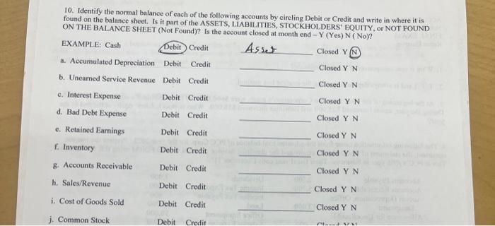 10. Identify the normal balance of each of the following accounts by circling Debit or Credit and write in