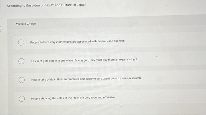 According to the video on HSBC and Culture, in Japan Multiple Choice People believe chrysanthemums are