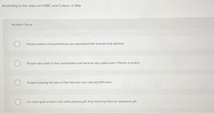 According to the video on HSBC and Culture, in Italy Multiple Choice People believe chrysanthemums are