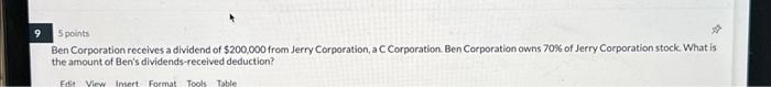 9 5 points Ben Corporation receives a dividend of $200,000 from Jerry Corporation, a C Corporation. Ben