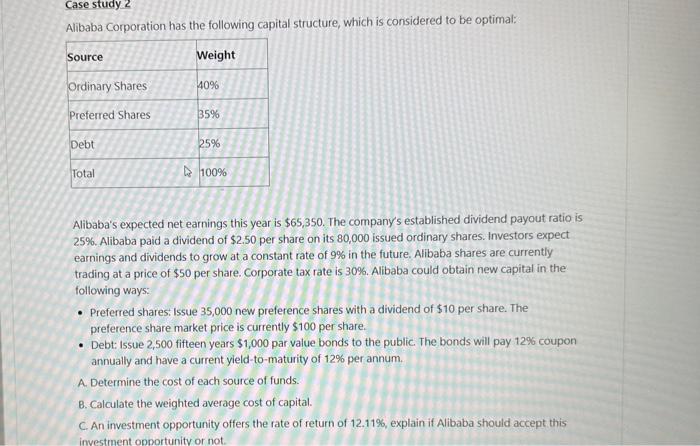 Case study 2 Alibaba Corporation has the following capital structure, which is considered to be optimal: