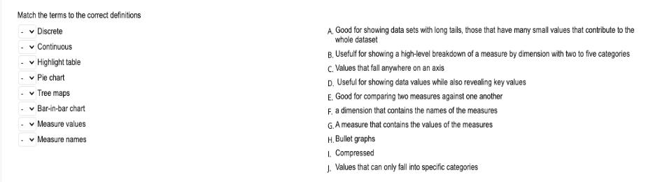 Match the terms to the correct definitions  Discrete  Continuous  Highlight table  Pie chart  Tree maps