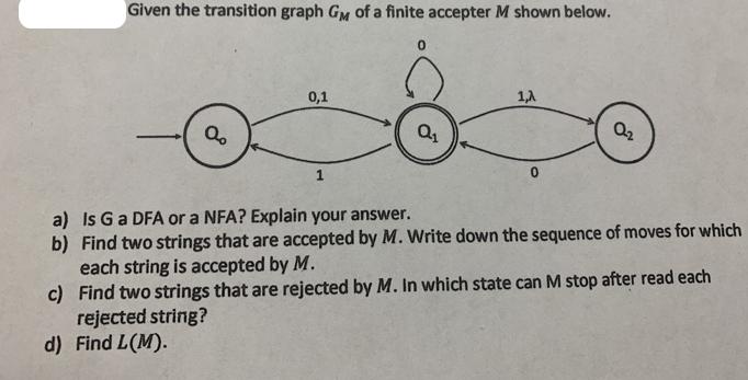 Given the transition graph GM of a finite accepter M shown below. a d) Find L(M). 0,1 1 0 Q 1,A Q a) Is G a