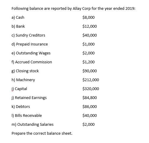 Following balance are reported by Allay Corp for the year ended 2019: a) Cash $8,000 b) Bank $12,000 c)