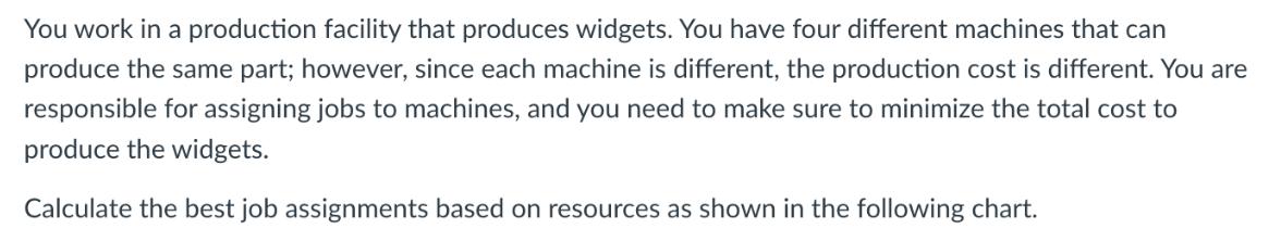 You work in a production facility that produces widgets. You have four different machines that can produce