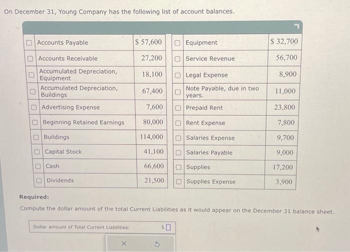 On December 31, Young Company has the following list of account balances. U O U U Accounts Payable Accounts