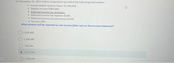 On December 31, 2021 Celery Corporation provided the following information: Income before Income Taxes