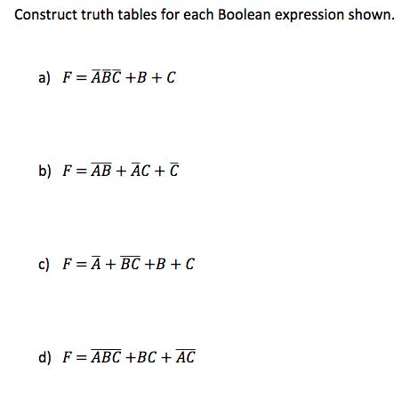 Construct truth tables for each Boolean expression shown. a) F = ABC +B+C b) FAB + AC + C c) F = A + BC +B+C