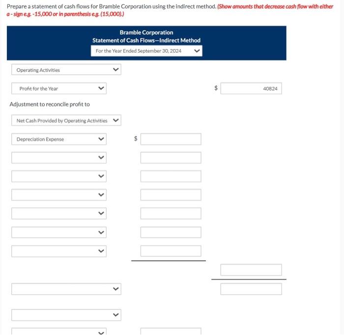 Prepare a statement of cash flows for Bramble Corporation using the indirect method. (Show amounts that