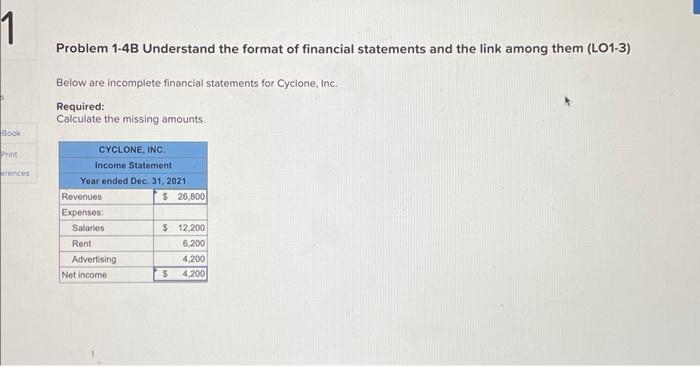 1 Book Print erences Problem 1-4B Understand the format of financial statements and the link among them