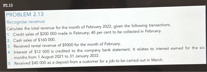 P2.13 PROBLEM 2.13 Recognise revenue Calculate the total revenue for the month of February 2022, given the