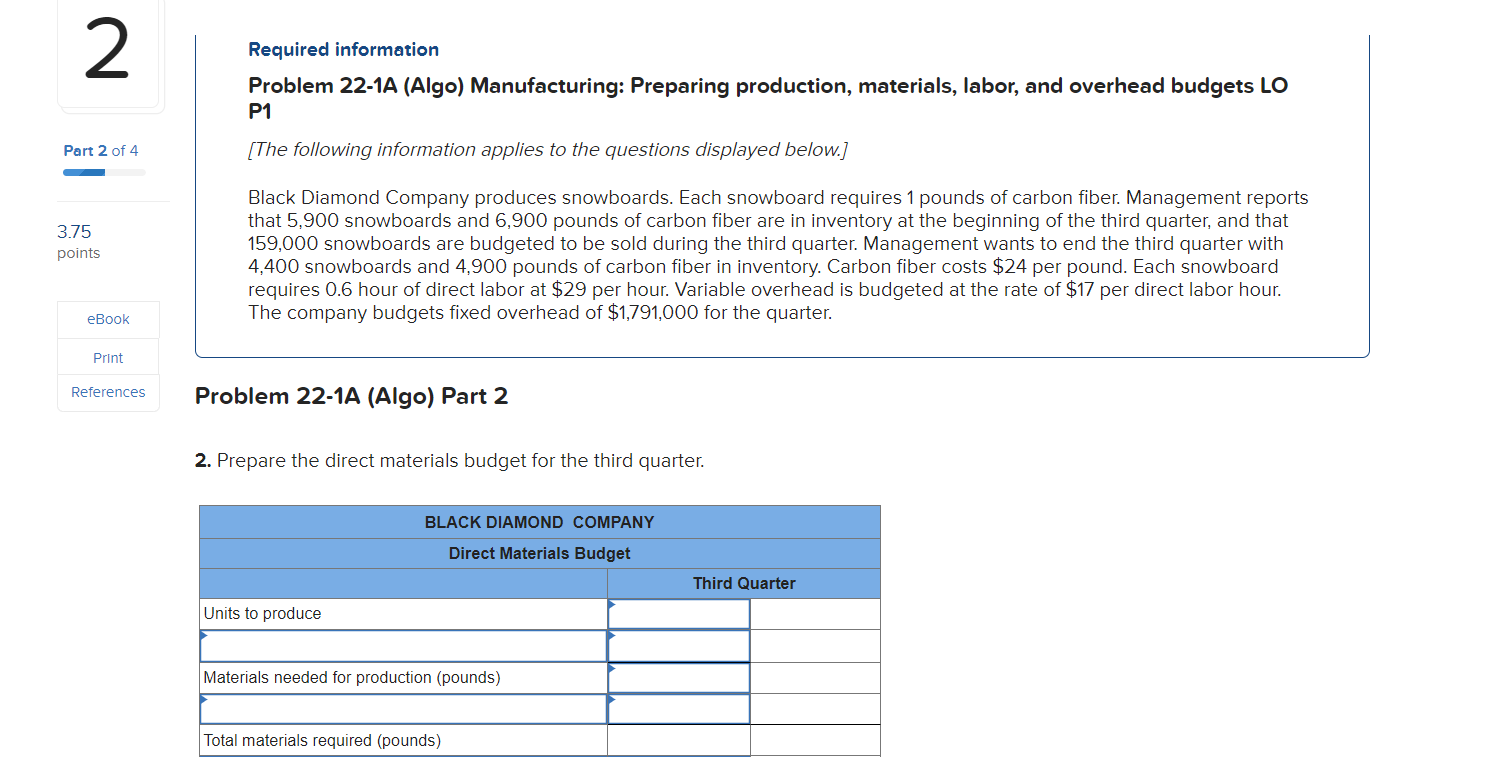 2 Part 2 of 4 3.75 points eBook Print References Required information Problem 22-1A (Algo) Manufacturing: