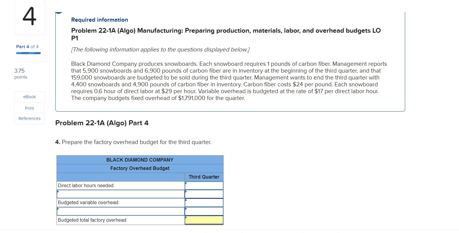 4 Part 4 of 4 3.75 points eBook Print References Required information Problem 22-1A (Algo) Manufacturing: