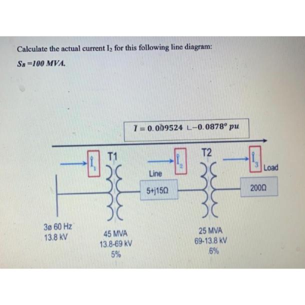 Calculate the actual current I for this following line diagram: SB 100 MVA. 30 60 Hz 13.8 kV T1 20 45 MVA