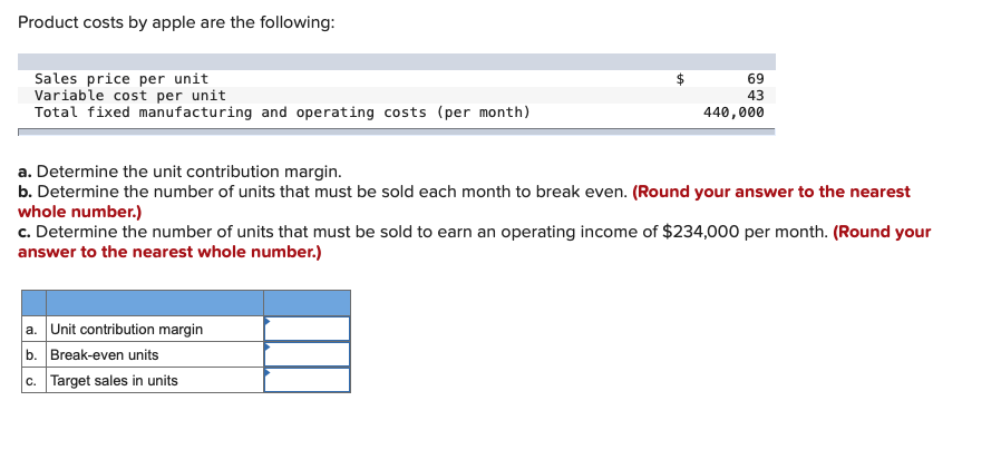 Product costs by apple are the following: Sales price per unit Variable cost per unit Total fixed