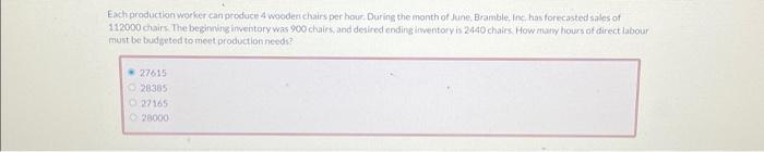 Each production worker can produce 4 wooden chairs per hour. During the month of June, Bramble, Inc. has