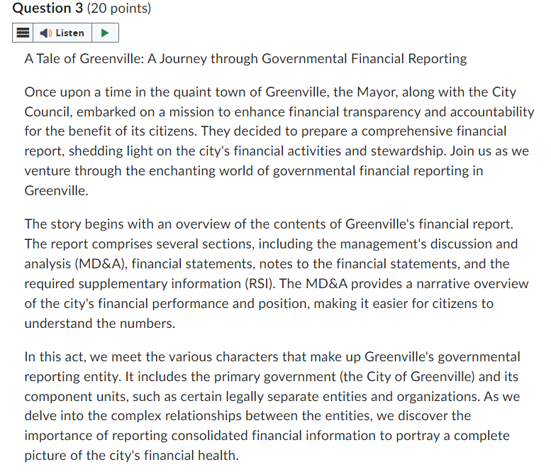 Question 3 (20 points) Listen A Tale of Greenville: A Journey through Governmental Financial Reporting Once