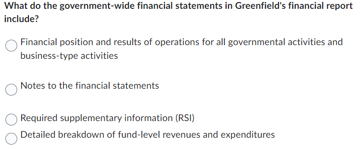 What do the government-wide financial statements in Greenfield's financial report include? Financial position