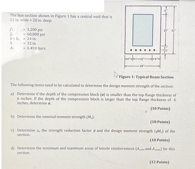 The box section shown in Figure 1 has a central void that is 12 in. wide x 20 in. deep. fe fr = 3,200 psi =