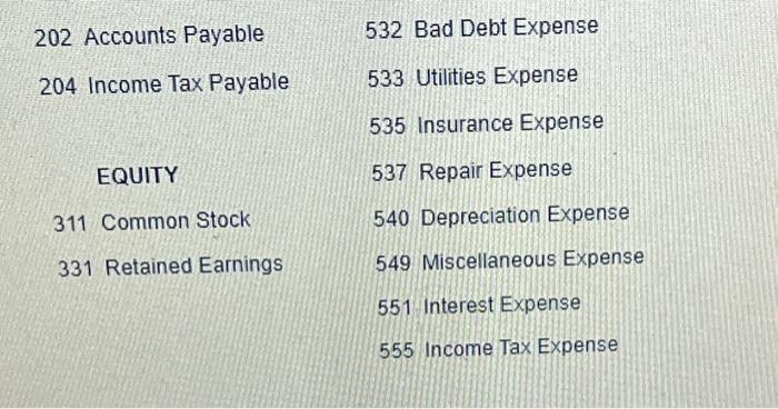 202 Accounts Payable 204 Income Tax Payable EQUITY 311 Common Stock 331 Retained Earnings. 532 Bad Debt