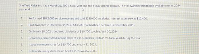 Sheffield Rides Inc. has a March 31, 2024, fiscal year end and a 35% income tax rate. The following