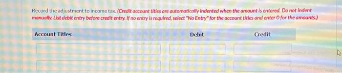 Record the adjustment to income tax. (Credit account titles are automatically indented when the amount is