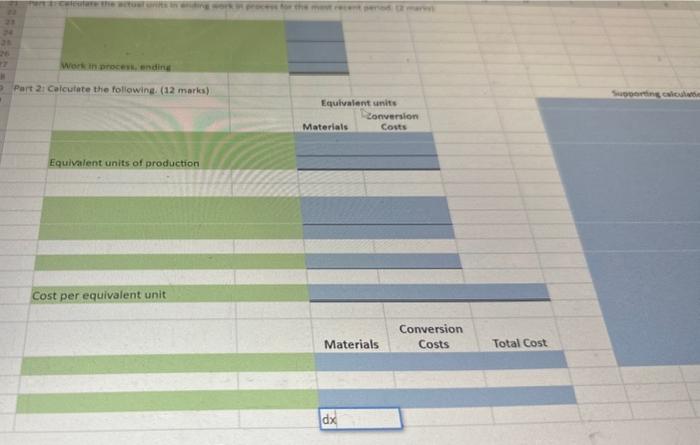 24 IN Work in process, ending Part 2: Calculate the following. (12 marks) Equivalent units of production Cost