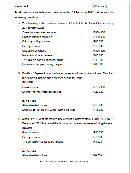 Question 1 [34 marks] Read the scenarios below for the year ending 28 February 2023 and answer the following