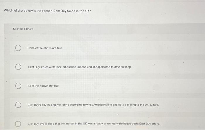 Which of the below is the reason Best Buy failed in the UK? Multiple Choice None of the above are true Best
