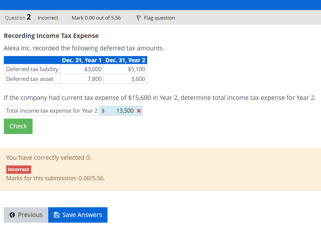 Question 2 Incorrect Mark 0.00 out of 5.56 Recording Income Tax Expense Alexa Inc. recorded the following