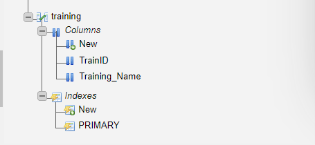 training Columns New TrainID Training_Name Indexes New PRIMARY