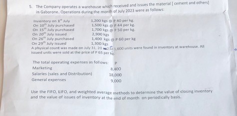 5. The Company operates a warehouse which received and issues the material [ cement and others] in Gaborone.