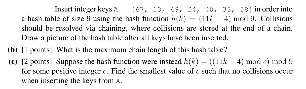 Insert integer keys A [67, 13, 49, 24, 40, 33, 58] in order into a hash table of size 9 using the hash