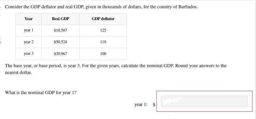 Consider the GDP deflator and real GDP, given in thousands of dollars, for the country of Barbados. Year year